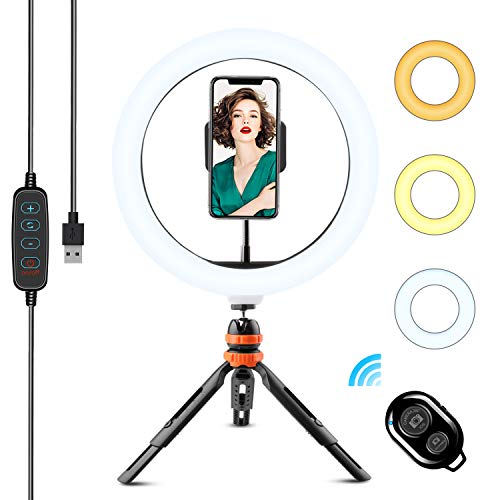 WOWGO Luce ad Anello, 10'' LED Selfie Ring Light con Treppiedi, Telecomando Wireless, 3 Modalità di Colore e 11 Livelli di Luminosità per Belle Foto o Tik Tok Video Shooting, Live Streaming, Trucco