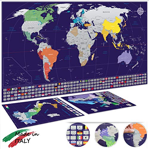 Cartlab poster mappa del mondo + mappa Italia da grattare con bandiere - le più aggiornate e dettagliate - scatola regalo inclusa - idea regalo - Blu/Argento