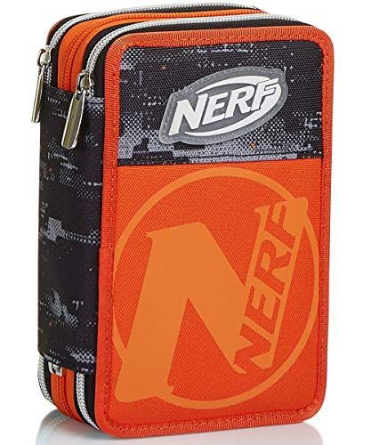 Astuccio 3 Scomparti, Nerf Nation Unica, Nero e Arancione, Portapenne con Contenuto per la Scuola