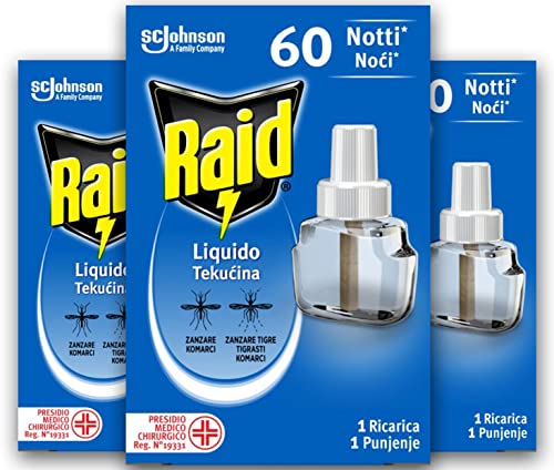 Raid Liquido Elettrico tripla ricarica, efficace contro Zanzare Tigre e Zanzare Comuni 60 Notti, 3 Confezioni da 36 ml