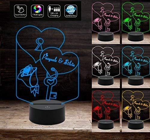 LAMPADA LED personalizzata Cuore e Nomi a batteria Idea regalo San Valentino a batteria + cavo micro USB Decorazione della casa