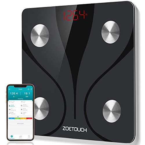 Bilancia Digitale Pesapersone Bluetooth, ZOETOUCH Bilancia Pesa Persona Impedenziometrica Intelligente per iOS e Android-Peso Corporeo, Massa Grassa,Massa Muscolare, BMI,BMR,Massa Ossea-180kg/400lb