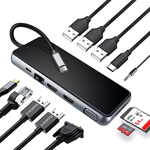 Miden Docking Station Hub USB C 12-in-1 Adattatore di Tipo C Triplo Display con Dual 4K HDMI, VGA, Ethernet, 3 USB 3.0, PD 3.0, Lettore di SD/TF Dock USB C per Mac e dispositivi Tipo C(Thunderbolt 3)