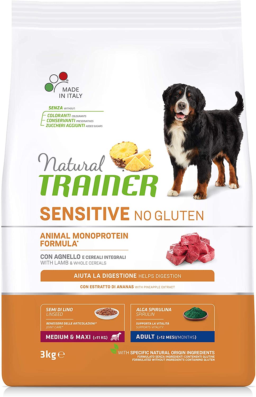 Natural Trainer Sensitive No Gluten - Cibo per Cani Medium&Maxi Adult con Agnello e Cereali Integrali 3kg