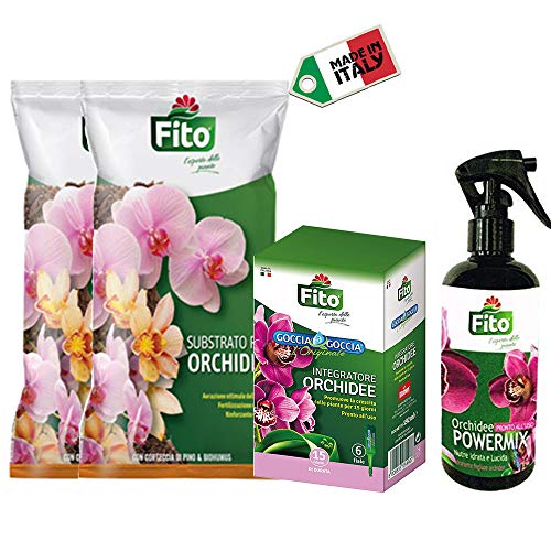 Kit Orchidee con Terriccio Naturale 2 Litri, Concime Liquido Goccia a Goccia e Spray Idratante Fogliare| Ideale per Rinvaso, Concimazione e Idratazione| Soluzione Completa| Made in Italy