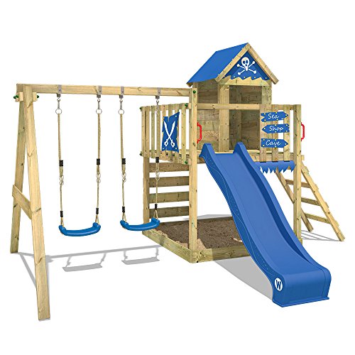 Parco giochi in legno WICKEY Smart Cave giochi da giardino per bambini, casetta da gioco con altalena e scivolo