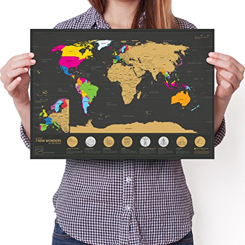 Mappa mondiale da grattare 7 Meraviglie - Edizione da viaggio A3 - Poster personalizzato Travel Tracker - Ricorda e condividi le tue avventure (Nero | 29.7 x 42 cm)