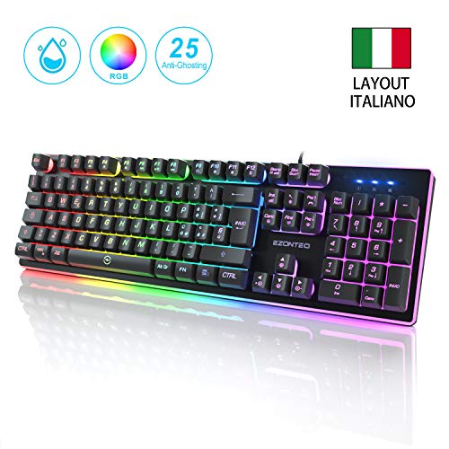 EZONTEQ Tastiera da Gioco RGB LED Retroilluminazione Scelta di 8 Colori 25 Tasti Anti-ghosting Layout Italiano(QWERTY) Tastiera Cablata USB per PC PS4 Xbox Mac