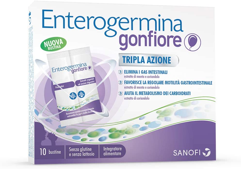 Enterogermina Gonfiore Integratore alimentare contro il gonfiore addominale, 10 bustine da 2+2 g, senza lattosio e senza glutine