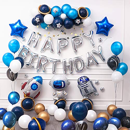 Ponmoo Palloncini Compleanno Universo per Ragazzo, Blu Decorazioni Palloncini per Festa di Compleanno, Palloncino per Robot Razzo Astronauta Happy Birthday, decorazione buon compleanno con accessori