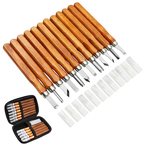 MAIKEHIGH 14Pcs Kit di strumenti per intaglio del legno - Scalpelli per intaglio professionali Coltello Manico intaglio sculture Esperti di carpentieri Principianti con coperture protettive