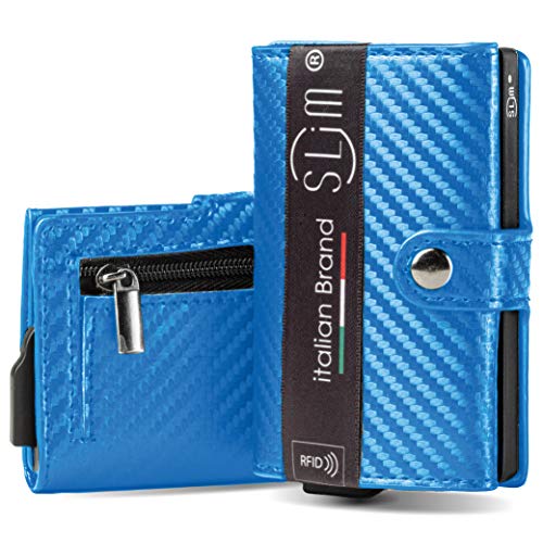 Porta Carte di Credito Schermato SLim ® Portafoglio Uomo Rfid Portatessere Anticlonazione Donna Portacarte Uomo in Pelle PU Carbon Fiber (Blu con Zip)