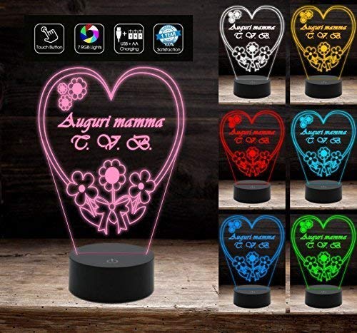 Lampada led 7 Colori CUORE personalizzata FESTA DELLA MAMMA Arredo casa HOME Decorazione della casa Night Light