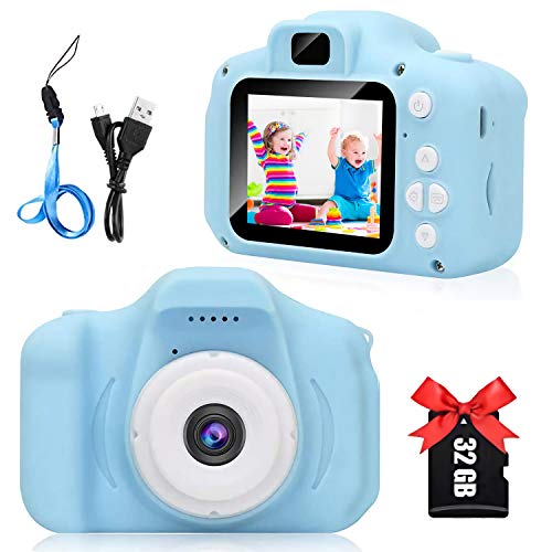 Macchina Fotografica Digitale per Bambini, Schermo IPS HD da 2 Pollici,Dual Lens Selfie 8MP 720P Portatile Mini DV Videocamera con Scheda SD 32 GB,Fotografica Regalo di Compleanno per Bambini (blu)