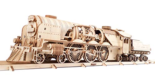 UGEARS Modello di Treno in Legno 3d - Locomotiva, Tender, Binari - Meccanico Puzzle per Adulti - Rompicapo da Costruire - Da Collezionare