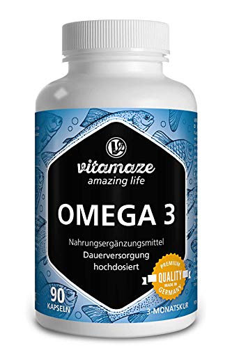Vitamaze® Omega 3 Capsule Alto Dosaggio, 1000 mg di Puro Olio di Pesce con 400 mg (40%) EPA e 300 mg (30%) DHA per Capsule per 3 Mesi, IFOS Certificato, Alta Biodisponibilità, Qualità Tedesca