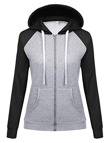 Sykooria Felpe Donna con Cappuccio e Zip Felpa Sportiva Manica Lunga con Tasche Giacca Felpa Morbida e Confortevole Spessa in Peluche Invernali - Nero + Grigio L