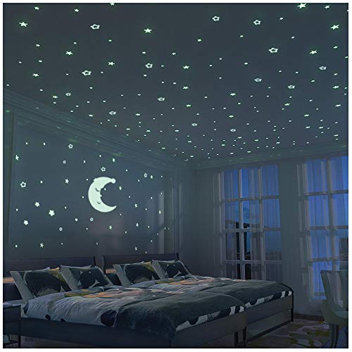 FRETOD Stelle Fluorescenti e Grande Luna (24cm) - 300 Pezzi Adesivi da Parete Fluorescenti per la Camera dei Bambini