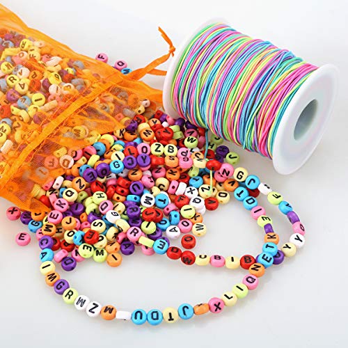 ZesNice 1200 pz Perline Colorate con Lettere per Braccialetti Perline Acrilico con 100 m Filo Elastico per Gioielli Fai da Te Collane Braccialetti Bambini(Dia. 8mm)