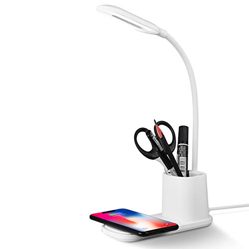Lampada da Scrivania LED, Lampada da Tavolo con wireless Caricabatterie Dimmerabil Rotazione a 360 °, 3 Modalità Colore, Ricaricabile USB a Risparmio Energetico (bianco)
