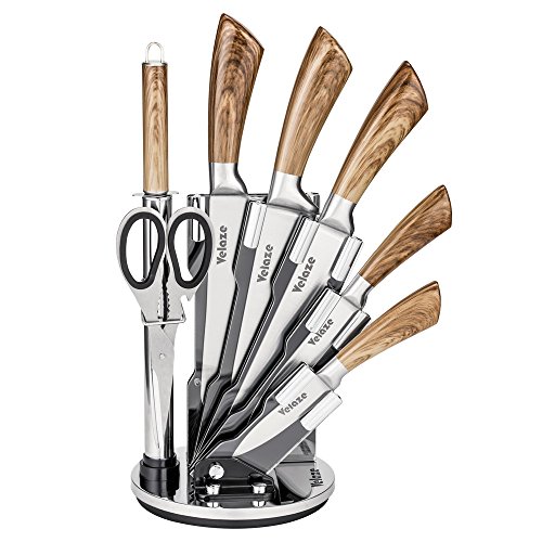 Velaze Set Coltelli, Coltelli Cucina Set 8 Pezzi, Ceppo Coltelli, Set di Coltelli Professionali Chef in Acciaio Inossidabile con Blocco Coltelli Girevole - Legno