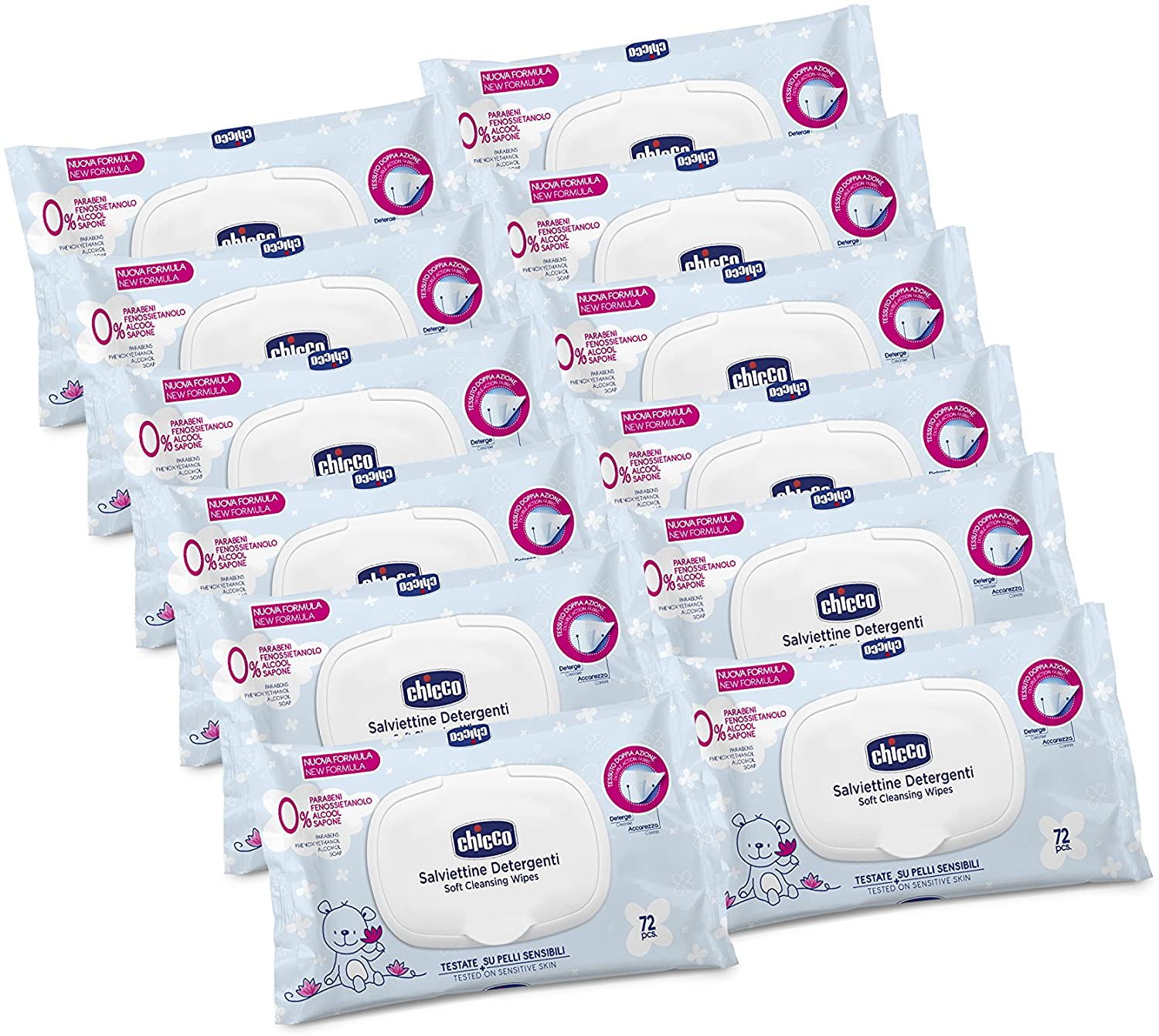 Chicco Salviettine Detergenti Multiuso con Placchetta, 12 Confezioni da 72 Salviettine