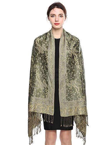 EASE LEAP Sciarpa Pashmina per donna scialle avvolgente caldo di lusso con sensazione di seta Hijab Paisley in colori ricchi con frange 200 * 70cm/(17-Fagiolo verde)