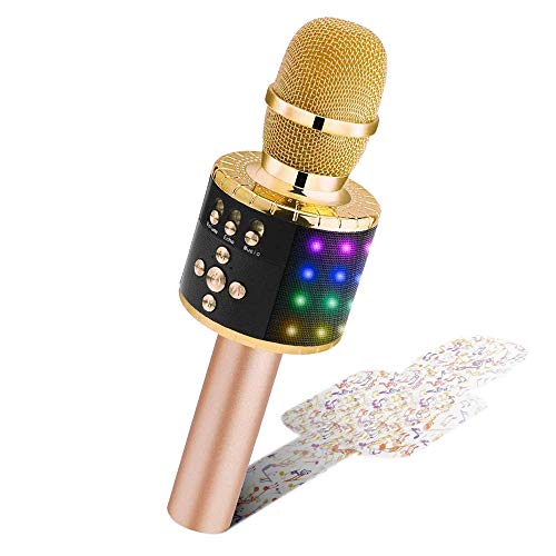 Microfono Karaoke Bluetooth Senza Fili, BONAOK Microfoni Wireless con Altoparlante, Microfono Karaoke Player con Luci per partito compleanno regalo Compatibile Android iOS PC(Oro chiaro)