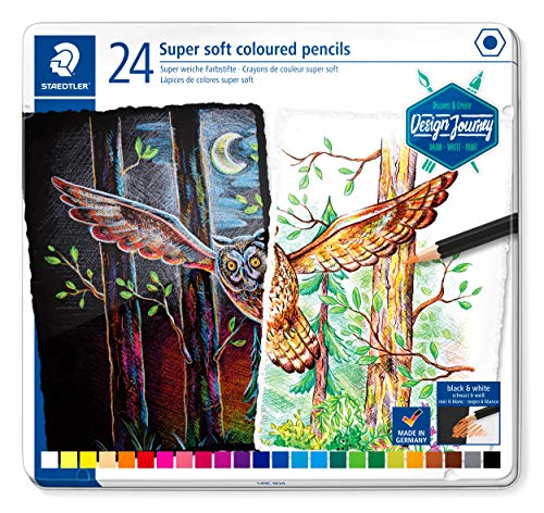 Staedtler ST Matite Colorate Soft, Classico Formato Esagonale, Mine Super morbide, Elevata opacità su Carta Chiara e Scura, Astuccio in Metallo con 24 Colori Vivaci, 149C M24, Multicolore