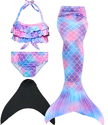 Wishliker - Set da 4 pezzi per costume da sirena, da bambina, con coda da sirena e bikini A8lila + xiaohei. 140 cm