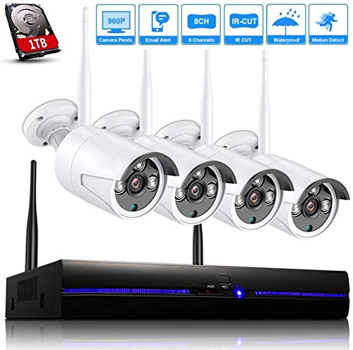 H.265 Kit Videosorveglianza Wifi da Esterno con 1TB HDD, 1080P 8CH NVR+4x960P IP66 Impermeabile CCTV Camera, Telecamera Sorveglianza Wireless, Visione Notturna, Sensore di Movimento Bianco-REIGY