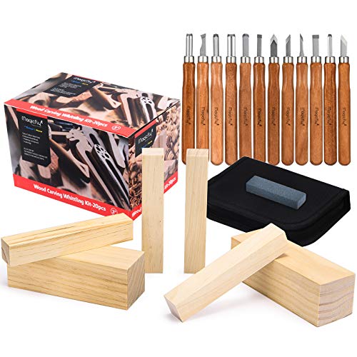 Magicfly - Set di 20 utensili da intaglio in legno, Scalpelli per Intaglio, Strumenti per Intaglio del Legno con pietre abrasive per Lavorazione del Legno