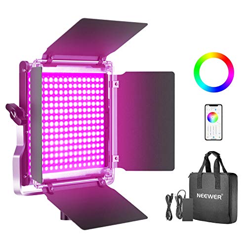 Neewer RGB Luce 480 LED SMD Controllo via APP, CRI 92, 3200-5600K, Luminosità 0% - 100%, 0-360 Colori Regolabili, 9 Condizioni Applicabili, con LCD Display, Staffa-U, Barndoor, Guscio in Metallo