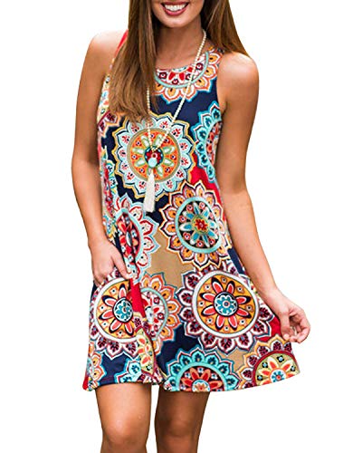 Abravo Donna Casual Vestiti Tunica Estivo Bohemian Stampa Fiore Abiti da Spiaggia Senza Maniche Elegante Mini Abito a Pieghe Vestito