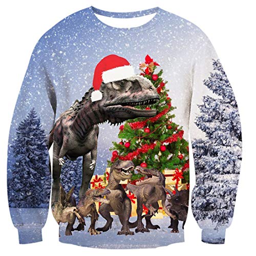 TUONROAD Donna Christmas Sweatshirt Dinosauro 3D Stampato Ugly Xmas Pullover Uomo Crewneck Funny Sweater Maglione di Natale Unisex - L