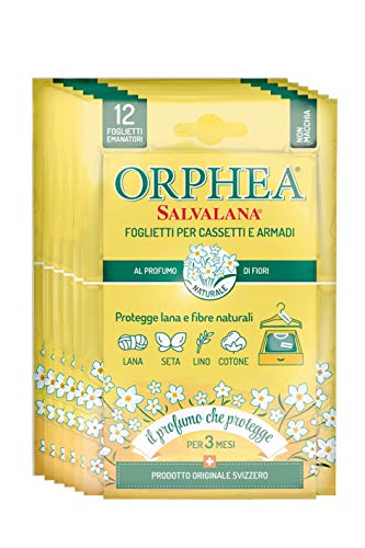 ORPHEA Salvalana, Foglietti Emanatori per Cassetti e Armadi, per Lana e Vestiti Tutta la Stagione, Profumo di Fiori, Confezione da 6 Pezzi