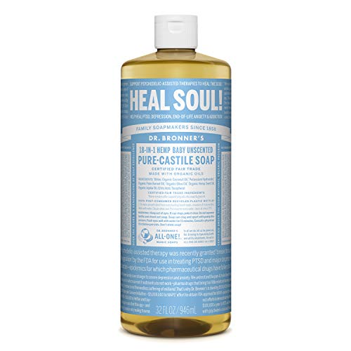 Dr. Bronner’s - Pure-Castile Liquid Soap (Baby Unscented, 32 ounce) - Made with Organic Oils, 18-in-1 Uses: Face, Hair, Laundry and Dishes, For Sensitive Skin and Babies, No Added Fragrance, Vegan