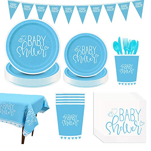 Amycute 126 PCS Baby Shower Boy Decorazioni Kit, Blu Baby Shower Piatti Bicchieri Tovaglioli Tovaglia, Stoviglie per Baby Shower Gender Reveal Ragazzi