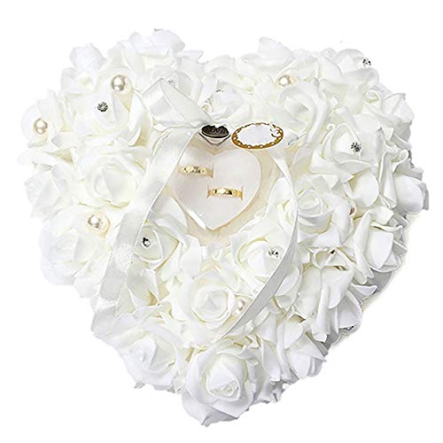 Amesii - Nastro di rose romantico a forma di cuore da usare come cuscino per fedi nuziali o come regalo di nozze White