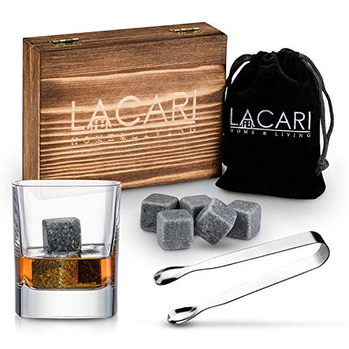 LACARI Set pietre Whisky | [9x] Cubetti di ghiaccio riutilizzabili | Set regalo Whisky con scatola di legno, pinze & borsa | E-Book in omaggio | Nessuna diluizione per Whiskey & Gin | Regalo di pasqua