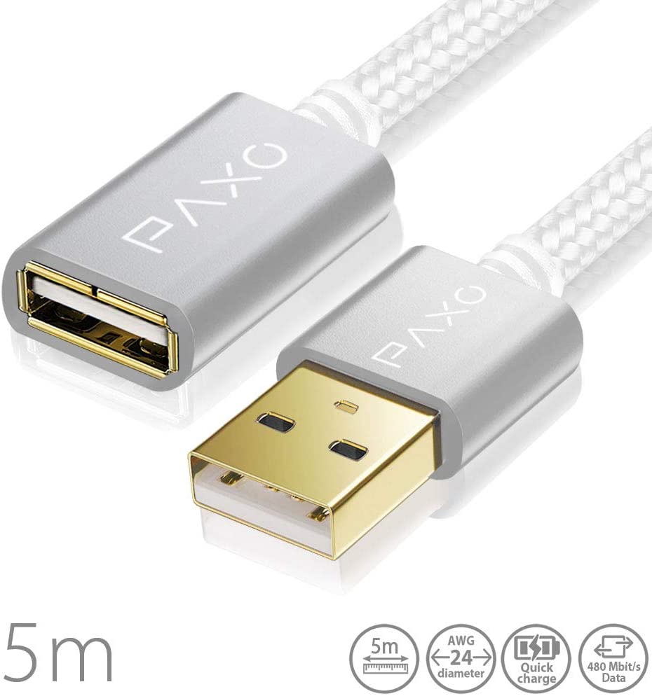 5m USB cavo Prolunga, nylon, bianco, eleganti spine in alluminio, connettori placcati oro, guaina in tessuto di nylon e cavo in velcro