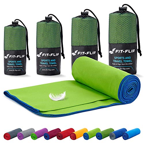 Set asciugamani microfibra – in tutte le misure / 18 colori – il perfetto asciugamano da palestra, asciugamano da viaggio e asciugamano fitness (Set1: 70x140cm x 40x80cm verde - bordo blu scuro)