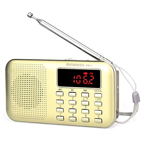 Retekess PR11 Portatile Radio AM FM Tascabile con Altoparlante Lettore MP3 Supporta Disco USB e Scheda TF con Torcia di Emergenza (Oro)