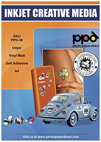 PPD A4 Carta Vinile Autoadesiva Opaca Per Stampanti A Getto D’Inchiostro Inkjet - Sticker Bianco - x 10 Fogli - PPD-38-10