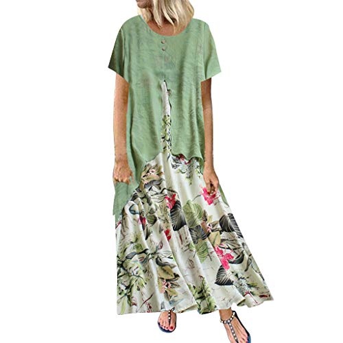 Vestito da donna con stampa floreale, a maniche corte, girocollo, a pieghe, con orlo a pieghe, stile casual, per feste in spiaggia Verde XXXXL