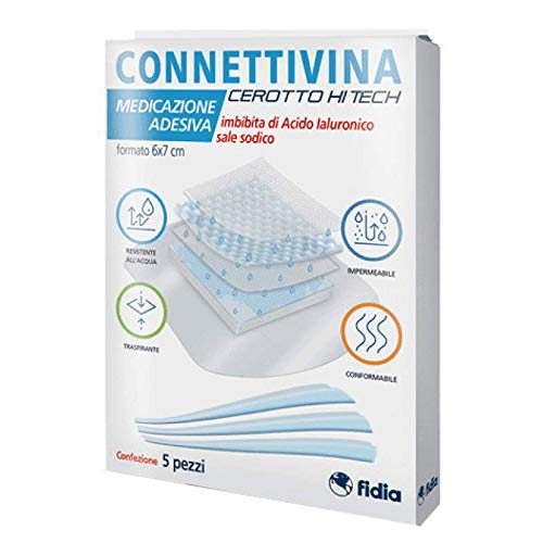 Connettivina Cerotto Hi Tech | Formato 6x7 cm | Confezione 5 Pezzi | Medicazione Adesiva Imbibita Di Acido Ialuronico Sale Sodico