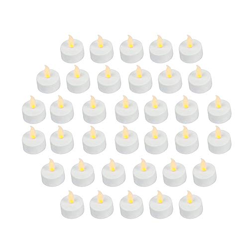 Candele tipo lumino a LED, con finta fiamma a effetto realistico; 3,5 cm di diametro x 4,2 cm di altezza; batterie incluse; colore giallo; in confezione da 36