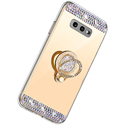 Herbests Cover per Samsung Galaxy S10e Custodia Morbido Cover Specchio Ultra Slim Sottile Antiurto TPU Silicone Custodia Brillantini Diamond Strass Cover Case con Supporto Anello,Oro