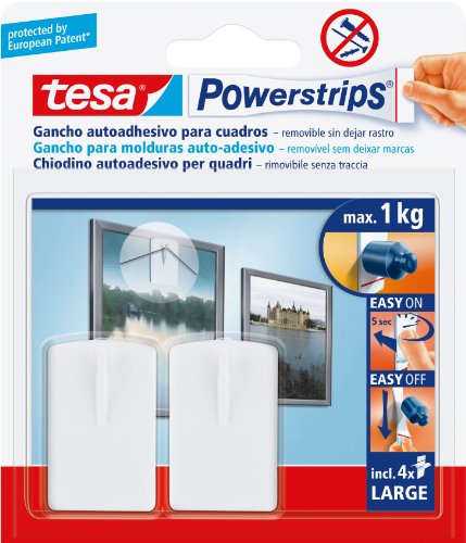 tesa Powerstrips 4 Strisce Adesive Appendi Quadri, 2 Ganci Adesivi, 1 kg, Bianco