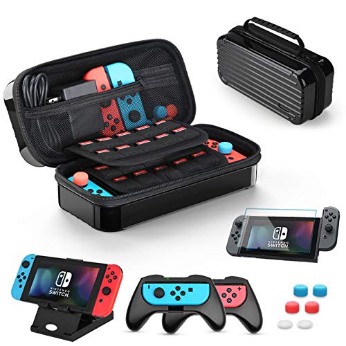 HEYSTOP Custodia per Nintendo Switch con Joycon Grip And PlayStand Regolabile And Pellicole Protettive And 6 Thumb Grip